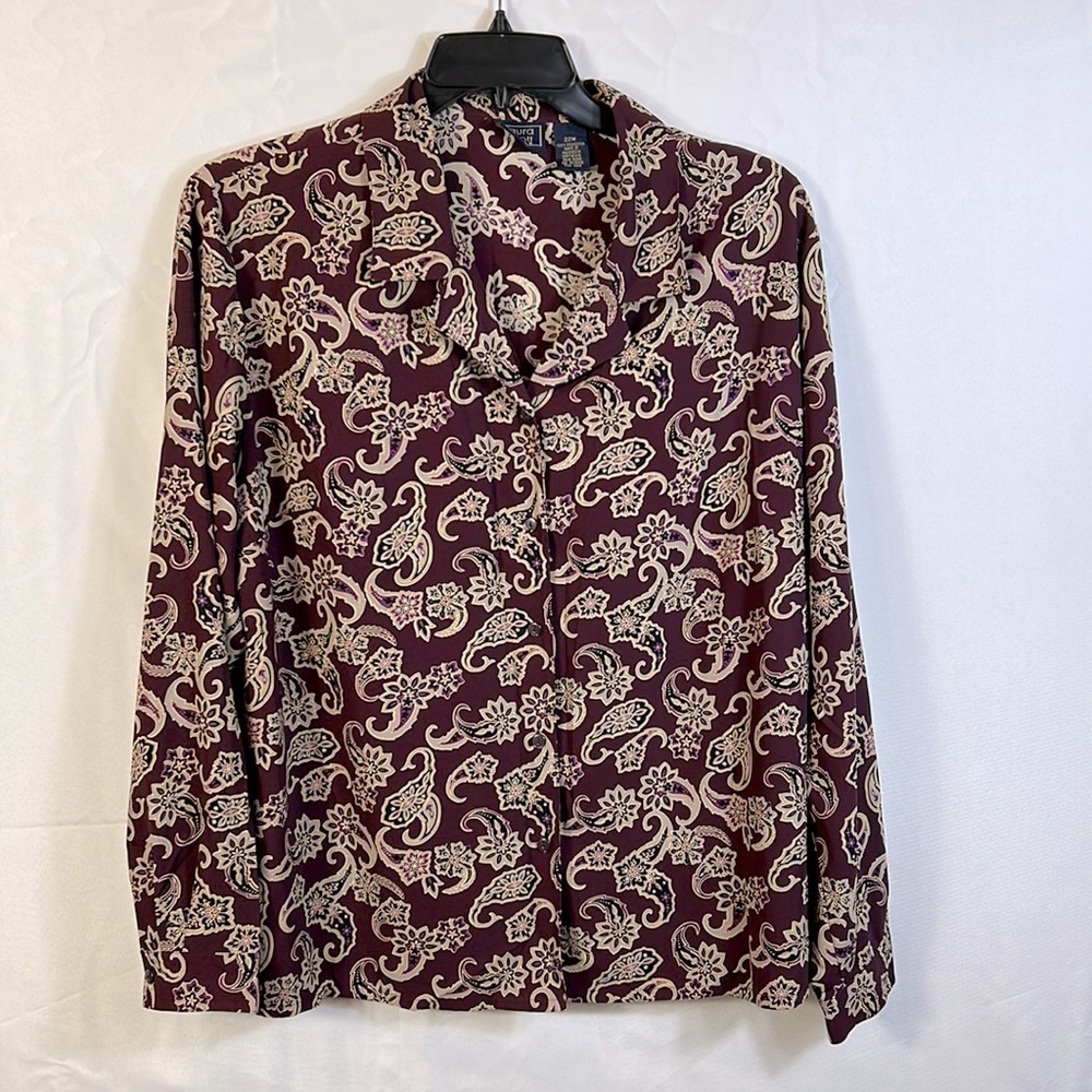 Laura Scott Long Sleeve Blouse. Size 22W Paisley Maroon and Black Button Down
